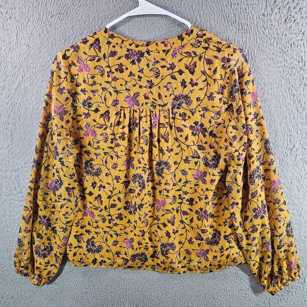 Faherty Women Mustard Yellow Floral Silk Blend V-Neck Blouse Top‎ XS - Picture 7 of 10